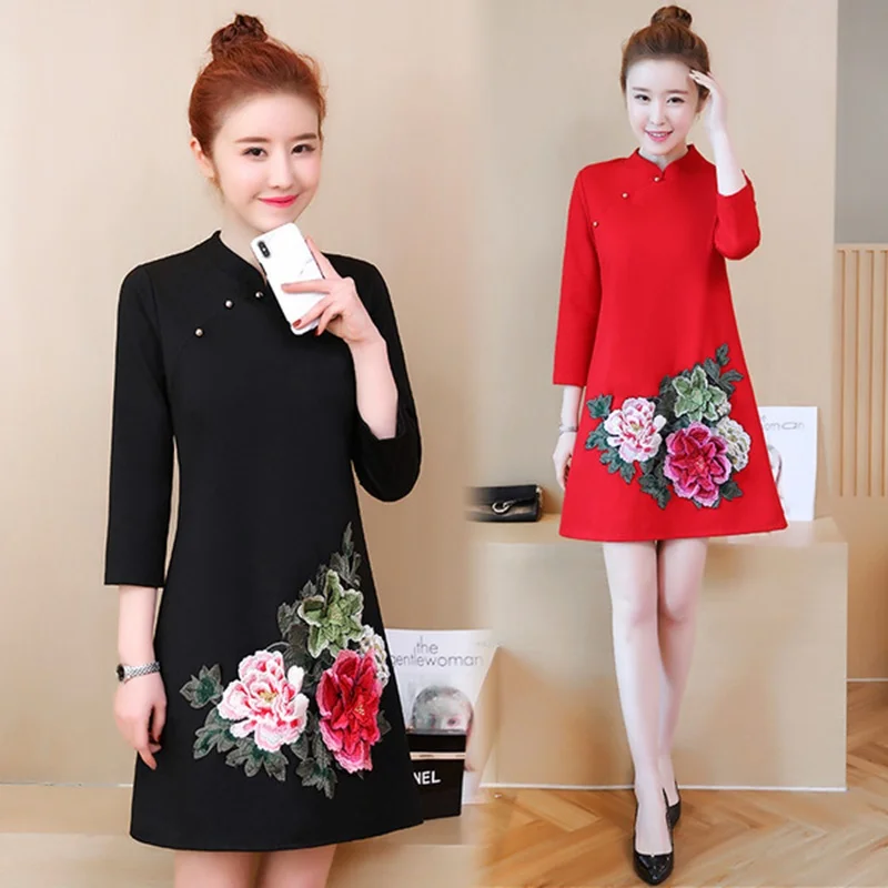 Женское платье в восточном стиле Осеннее красное Ципао ретро элегантное