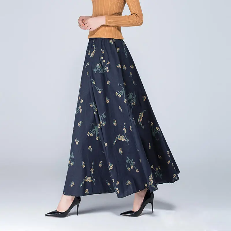 Весенне-осенняя Длинная женская юбка Vestidos, Повседневная тонкая хлопковая льняная юбка с принтом размера плюс, юбка макси, элегантные винтажные юбки с карманами Q629