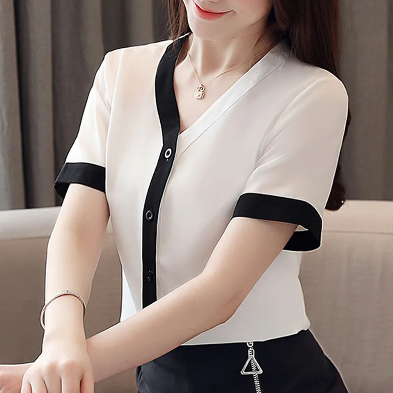 Women blouse and tops 2020 ladies white shirts chiffon button short sleeve V neck clothes 3900 50|Блузки| |