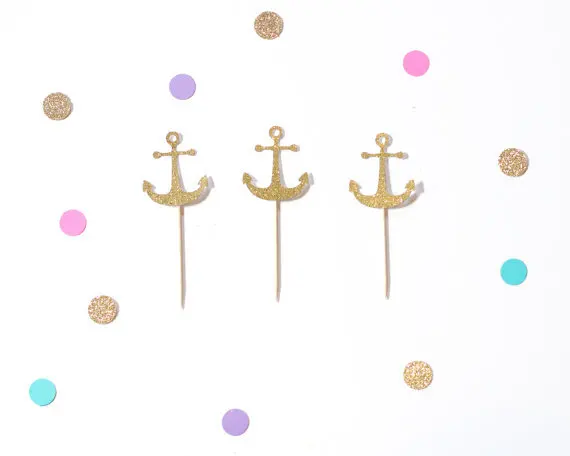 

Glitter Anchor Cupcake Toppers wedding bridal Shower birthday tea party treat food picks decoration BT002