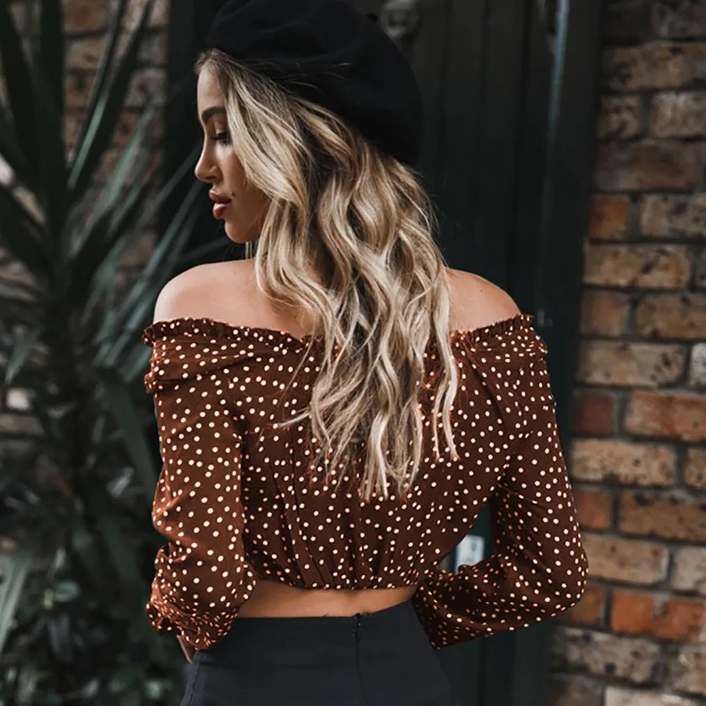 Darcydebie Autumn Women Fashion Short Blouses Slash neck Lace-up Full Sleeve Ruffles Polka Dot Print Dew Navel Shiffon Shirt Top |