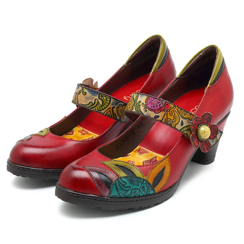 Red Pumps Socofy/Винтажные туфли-лодочки с принтом; женская обувь из натуральной кожи; обувь Mary Jane на среднем квадратном каблуке с застежкой-липучкой на лодыжке; женская обувь на каблуке в стиле ретро; Zapato - Цвет: Red Pumps