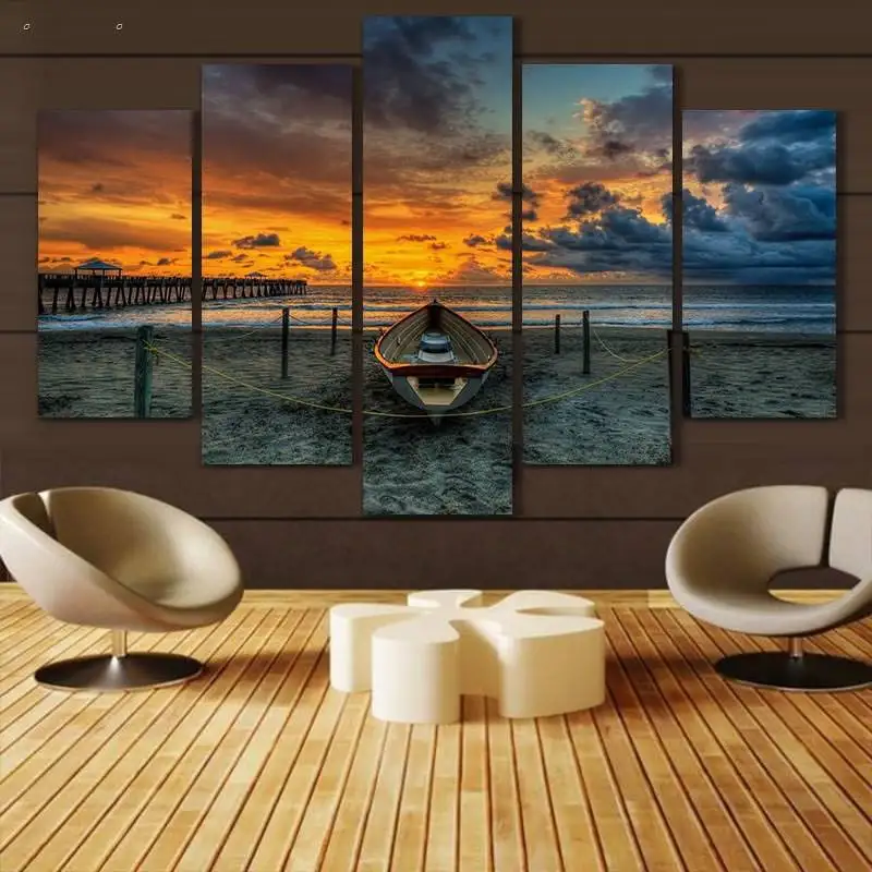 5 панелей Hd Печать Sandbeach Лодка на стену художественная живопись холст печать