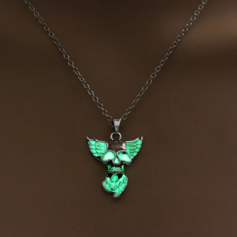 Punk Style Skull Pendant Necklace Luminous Wings Silver Color Chain Glow in the Dark Choker Statement For man Gift | Украшения и