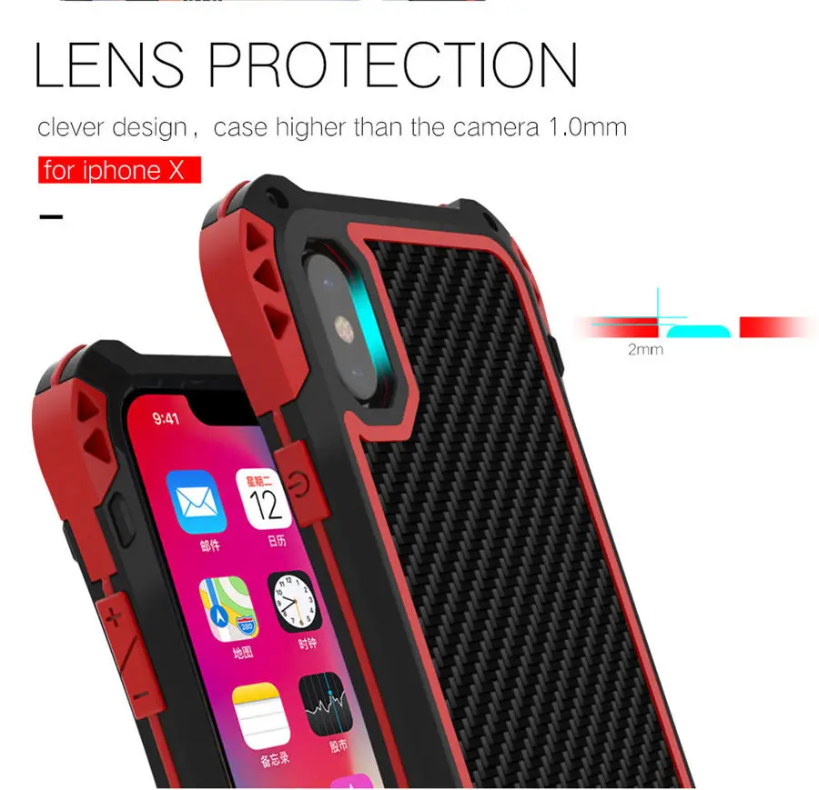 Чехол R-Just для iPhone X, iPhone 8, чехол для iPhone 7, 8 Plus, водонепроницаемый алюминиевый противоударный чехол из углеродного волокна, 6, 6s plus, 5, 5S, se