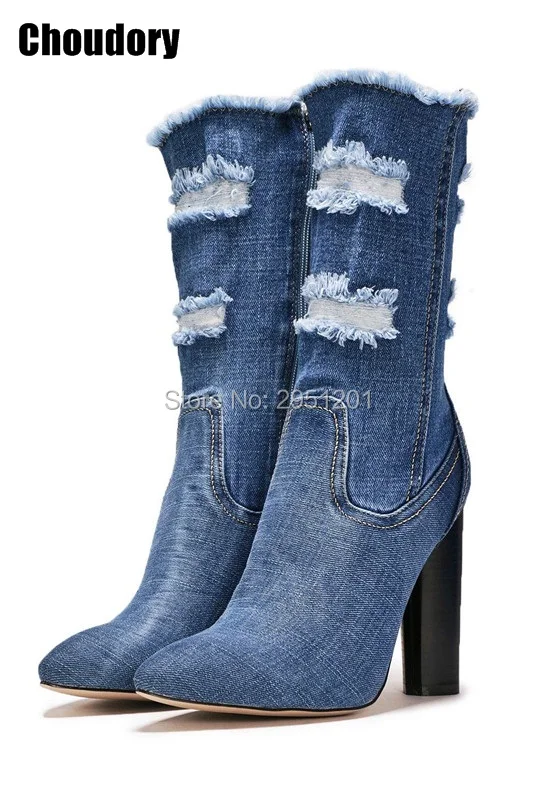 Женские ботинки из джинсовой ткани в стиле ретро модельные туфли лодочки на