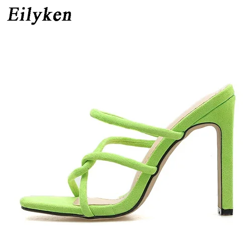 Green Eilyken/Новинка года; сезон лето; Цвет флуоресцентный зеленый; шлепанцы на высоком каблуке; Босоножки с открытым носком; Модные женские пикантные вечерние шлепанцы - Цвет: Green