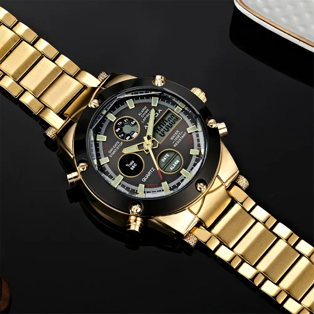 Бренд AMUDA роскошные мужские Золотые спортивные часы светодиодные полностью