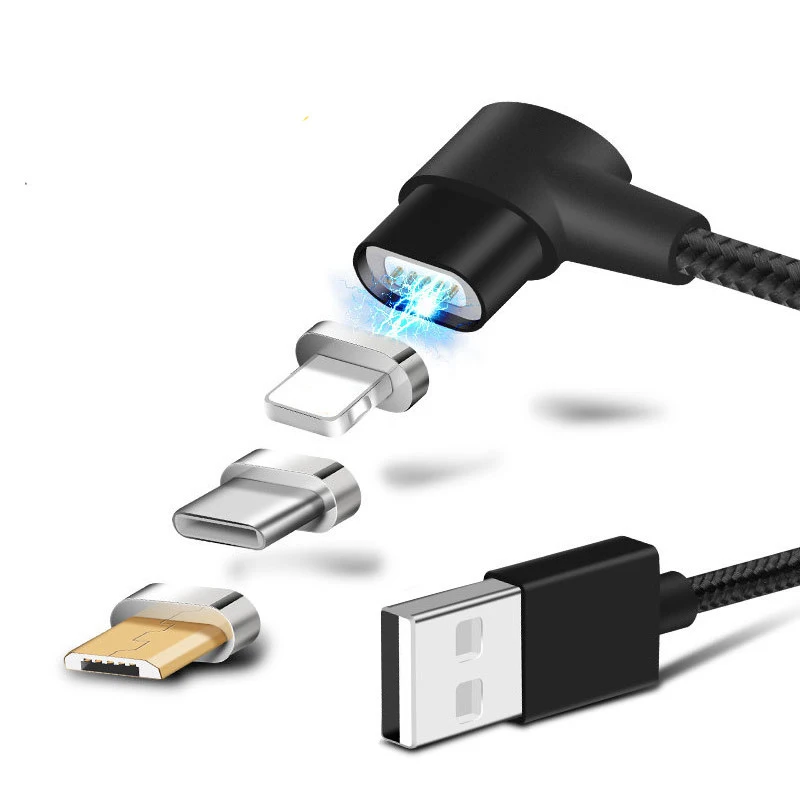 Магнитный зарядный кабель 3 в 1 с углом 90 градусов L-образный для iPhone / Micro USB Type C 2 А