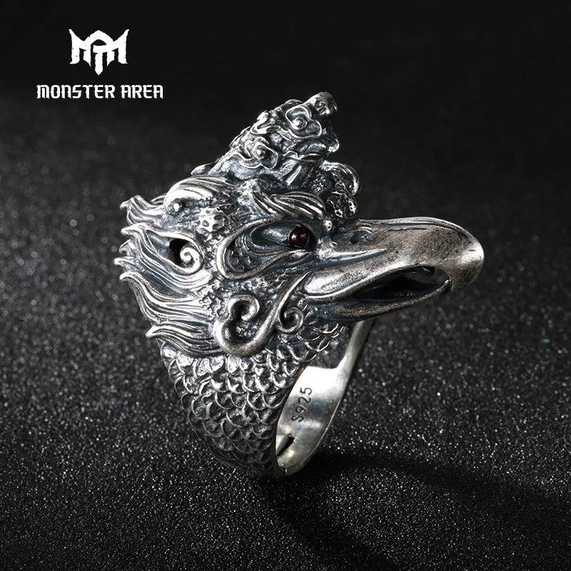 Монстр области Роскошные Серебро мужские кольца Регулируемый Китайский Миф