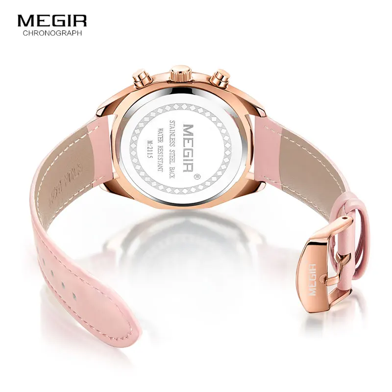 

Megir Women's Luxury Dress Watches Leather Chronograph Quartz Wrist Watch Woman Lady Relogios Clock Top Brand 3Bar ML2115 Pink