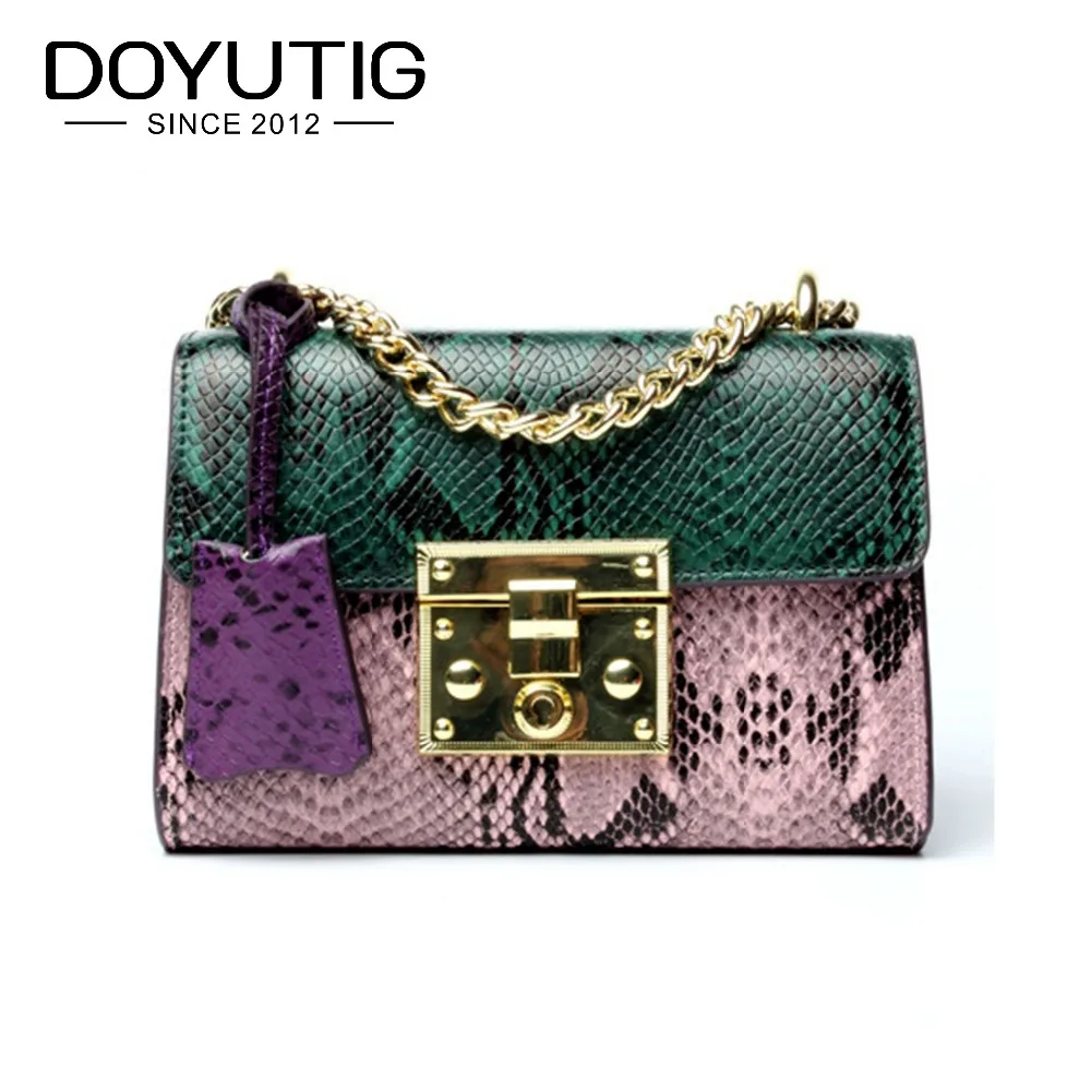 DOYUTIG Brand Europen Design Genuine Leather Little Serpentine Flap With Green & Pink Color For Women Luxury Crossbody Bags F592