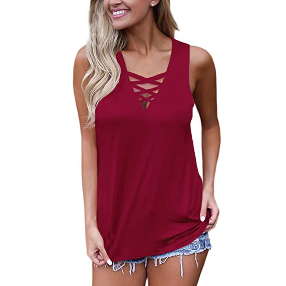 Wine Red Топ для женщин, уличная одежда, сексуальный топ, женский летний топ без рукавов, v-образный вырез, шнуровка, крест-накрест, топы на бретельках, Ropa Femenina Modis# CE3 - Цвет: Wine Red