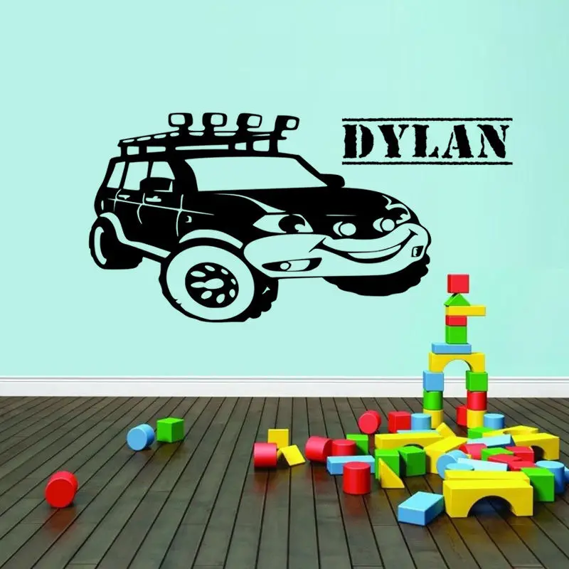 Забавный для мальчиков с машиной имя персонализированные настенные Стикеры