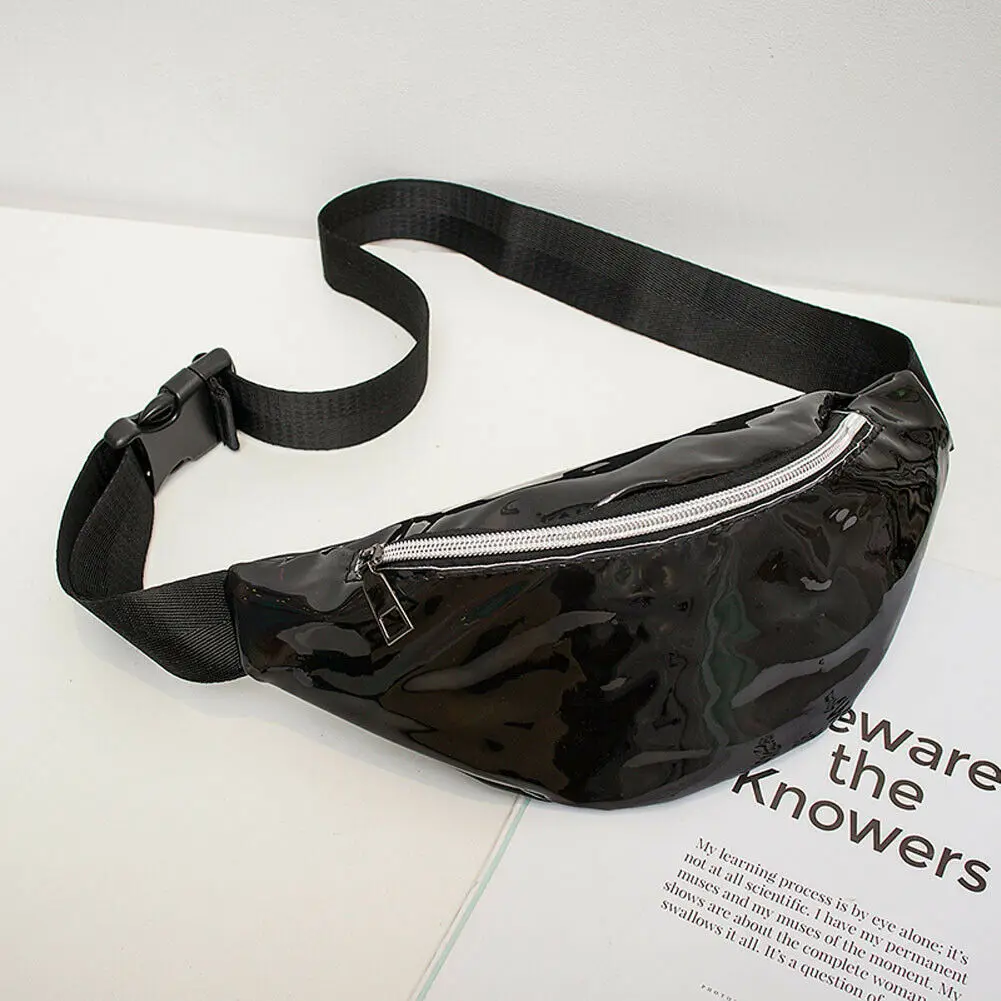 Laser Waist Packs Bags Women Pure Color Fanny Pack Female Belt Bag Black PVC Waist Packs Laser Chest Phone Pouch