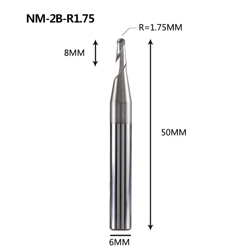 NM-2B-R1.75 NM-2B Вольфрамовая сталь 2 Флейта с шариковым носиком с покрытием Концевая мельница с ЧПУ Фрезерный резак режущие инструменты для обработки меди и алюминиевого сплава - Длина режущей кромки: NM-2B-R1.75