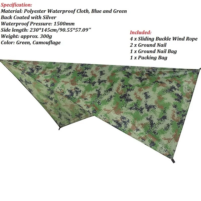 2.3X1.45M Camouflage Сверхлегкий брезент открытый кемпинг выживание солнцезащитный тент непромокаемый тент серебряное покрытие водонепроницаемый Пляжный Тент - Цвет: 2.3X1.45M Camouflage