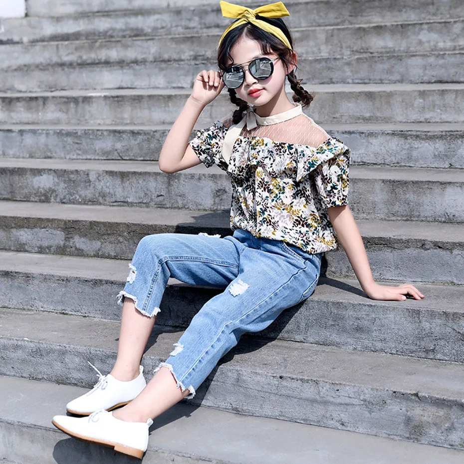 Детский летний комплект одежды для девочек рубашка с цветочным принтом +