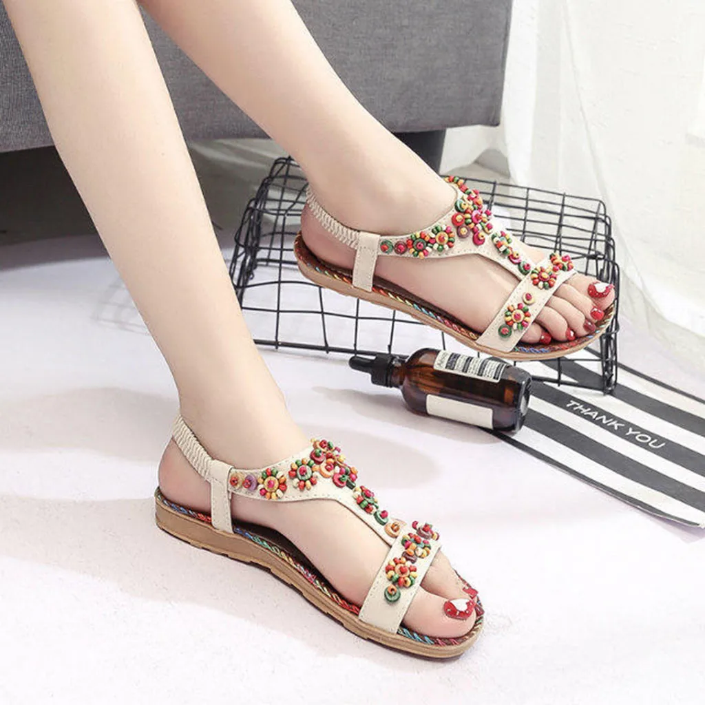 Женские сандалии повседневные пляжные на плоской резиновой подошве с цветочным