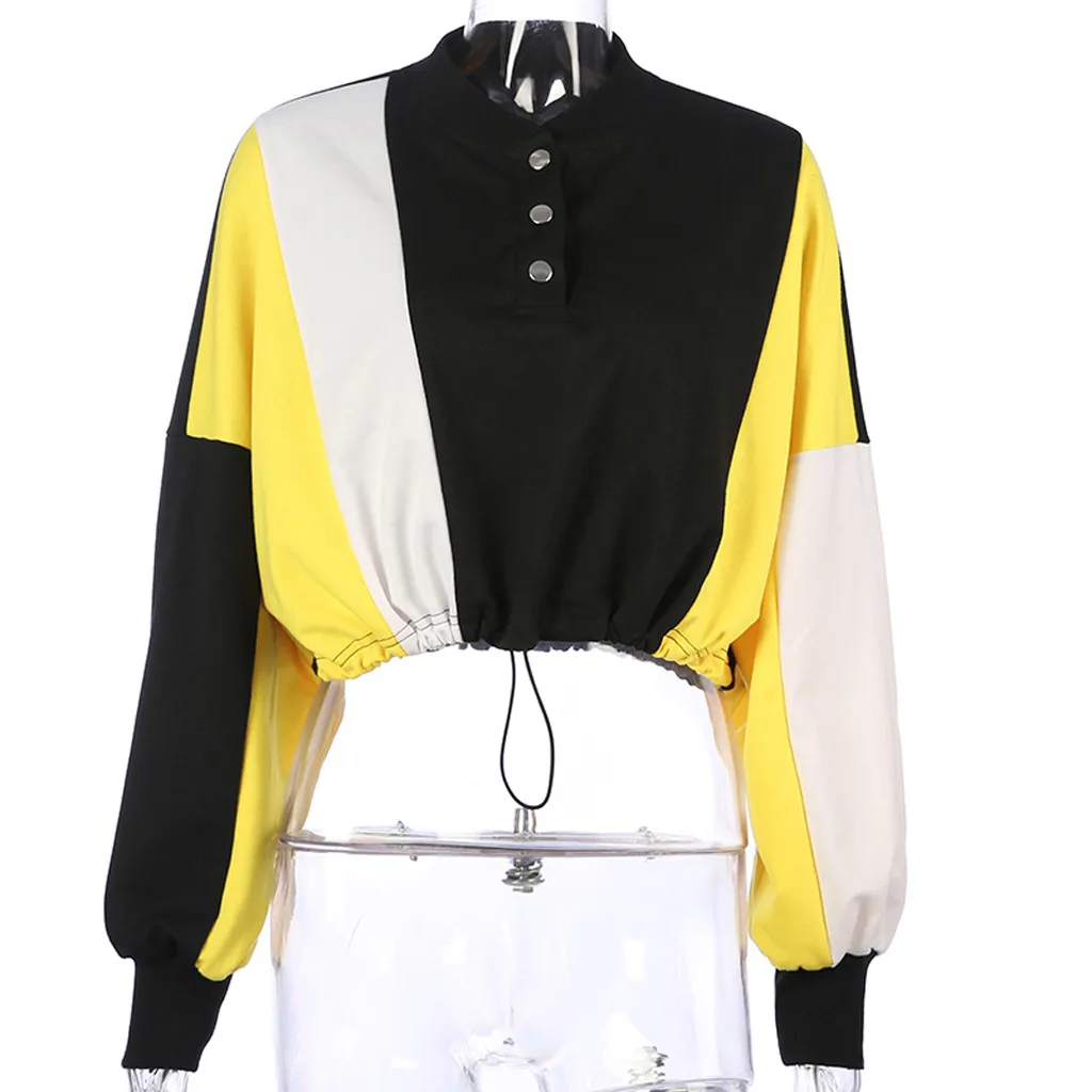 2019 Модные осенние Лоскутные укороченные толстовки с длинными рукавами черные