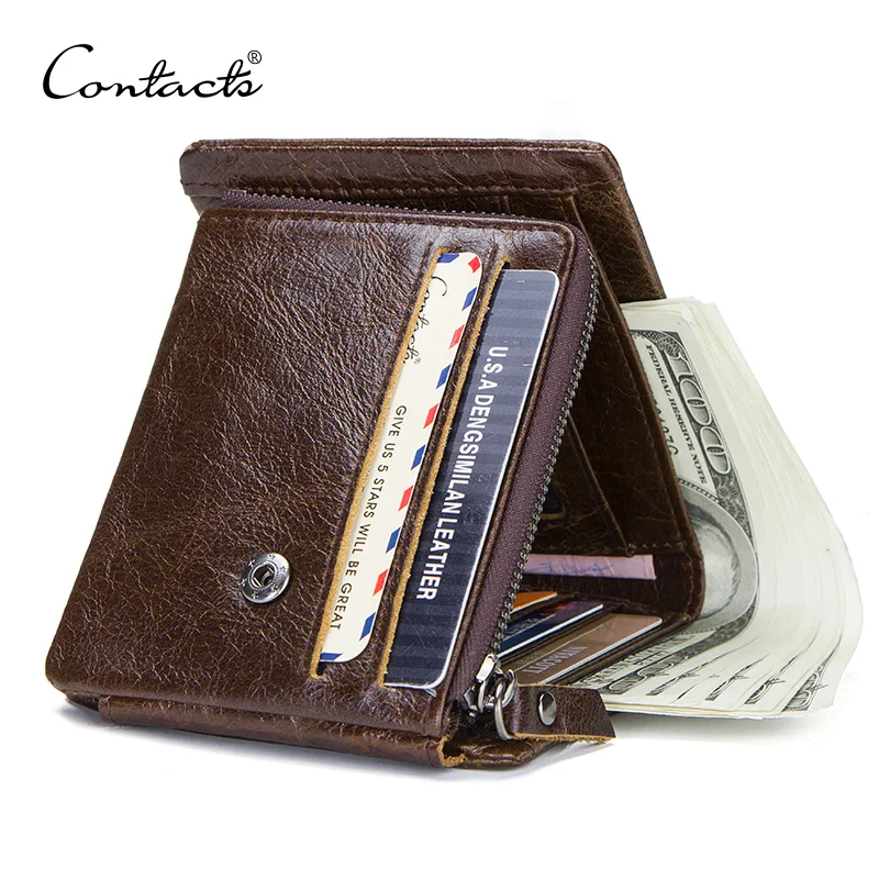 

CONTACT'S Casual Style Genuine Leather Trifold Wallet For Zipper Hasp Men Clutch Wallets With Coin Pocket For Male Short Purse
