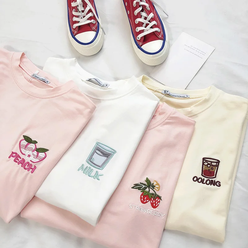 2019 летняя Милая футболка с вышивкой Ulzzang Harajuku Корейская Хлопковая женская