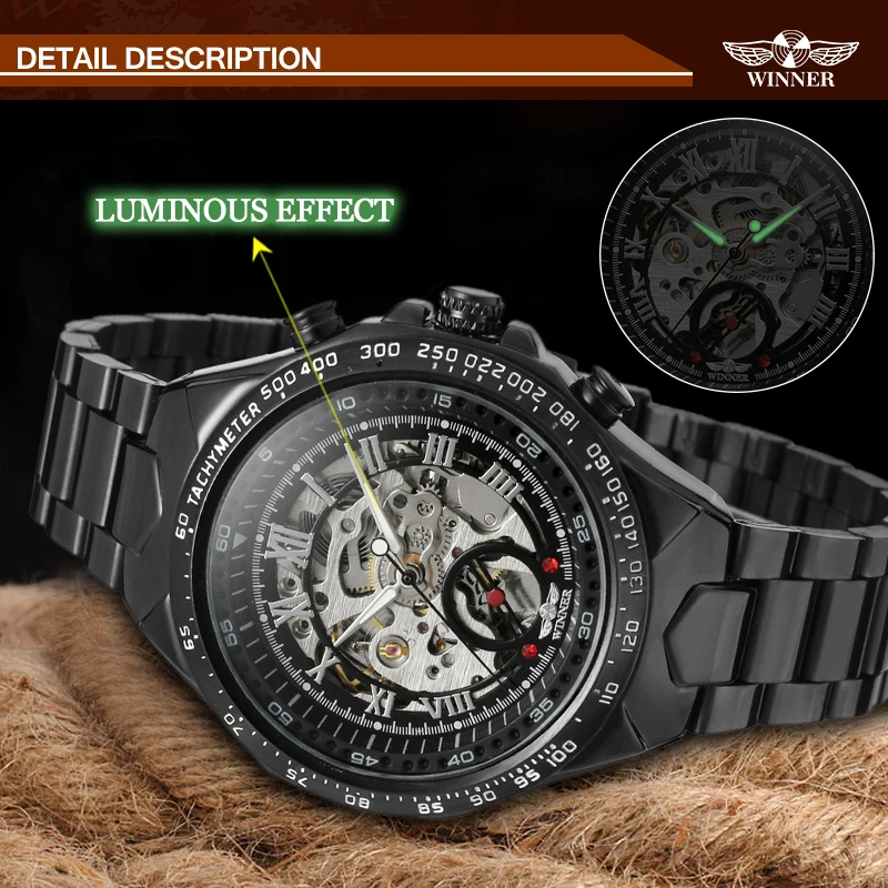 Победитель Черный циферблат Нержавеющая сталь часы horloge Для мужчин Роскошные