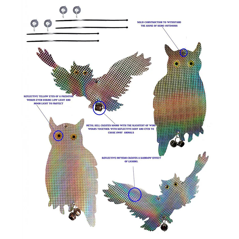 2pcs Fake Owl Decoy Scare Birds Holographic Reflective Repel Woodpecker Garden Hanging Supplies