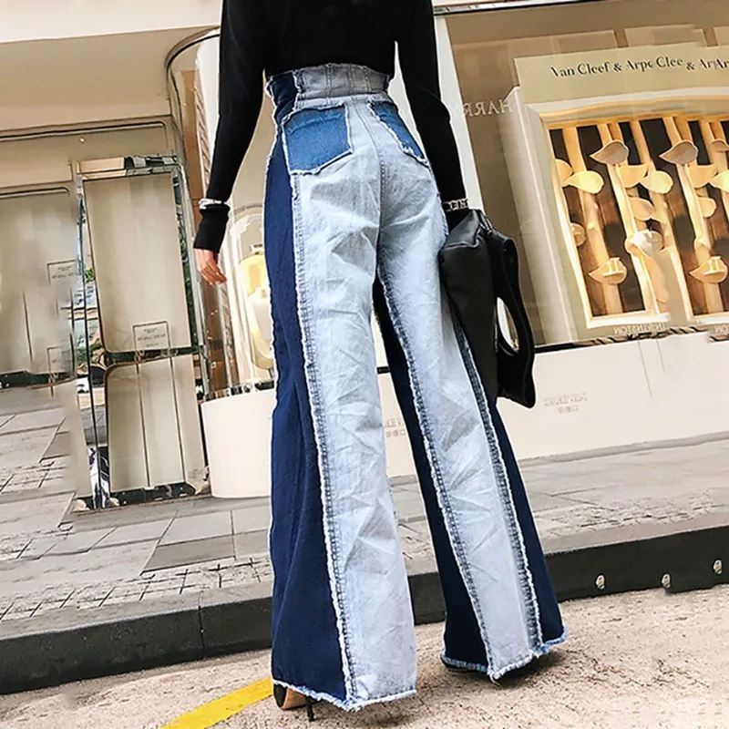 TWOTWINSTYLE Casual Denim Patchwork Women Trousers High Waist Hit Color Big Size Wide Leg Pants Female Fashion Spring 2020 New
