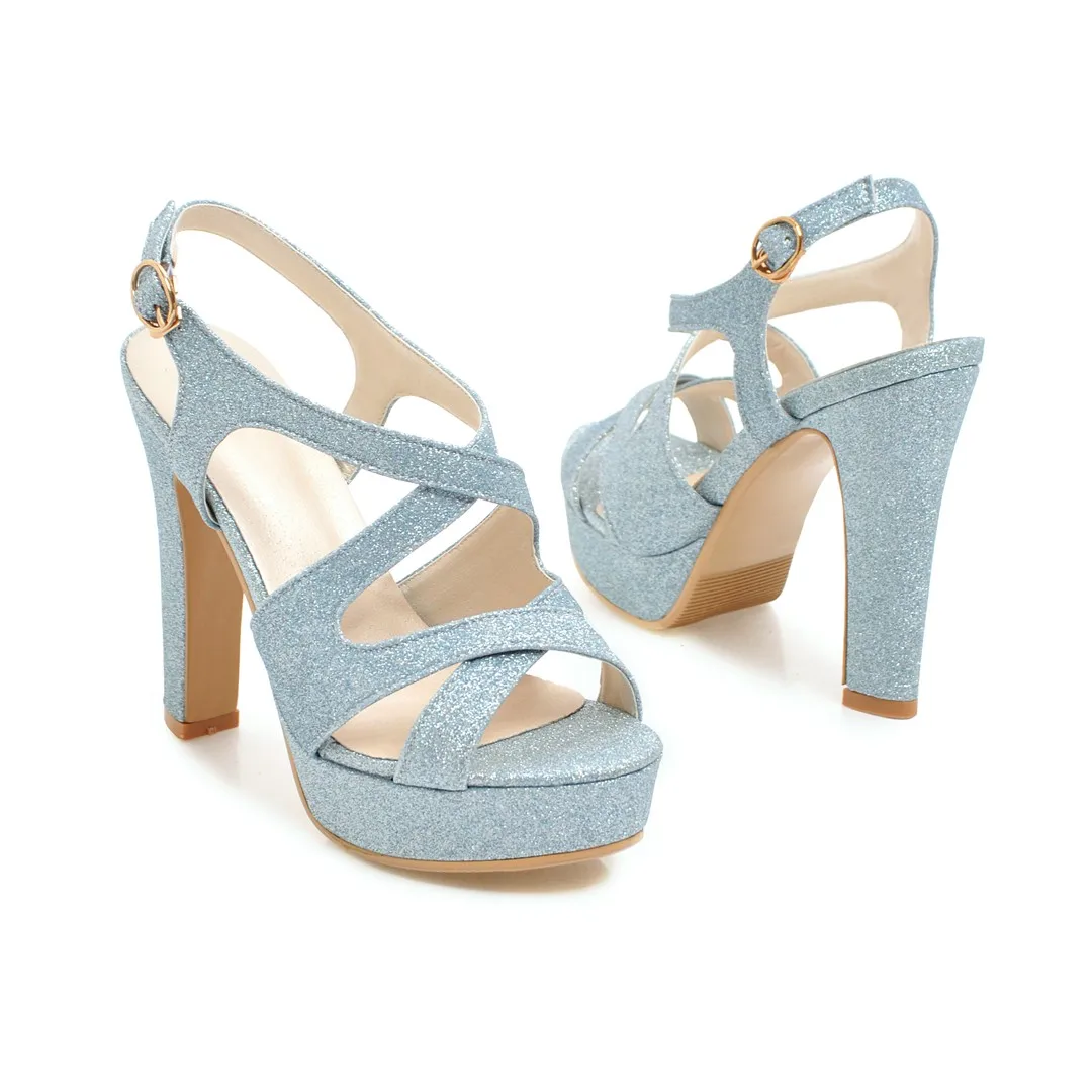 Light Blue Серебристые женские сандалии-гладиаторы на платформе; высокий массивный каблук; цвет РОЗОВЫЙ, золотистый; блестящая обувь из искусственной кожи для свадебной вечеринки; женские туфли в римском стиле с ремешком на лодыжке - Цвет: Light Blue