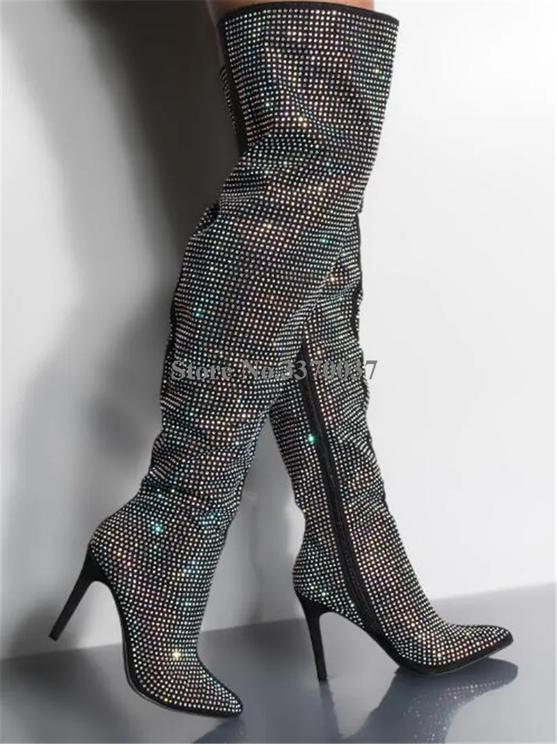 Шикарные Модные женские ботфорты с острым носком стразы на шпильке черные сапоги