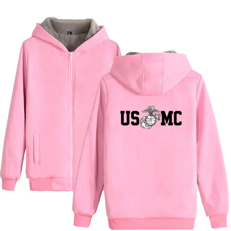 

USMC Thick Hoodie Zipper Winter Men Women Sweashirt United States Marine Corps Logo Print Thick Warm Zipper Hoodie With Hat