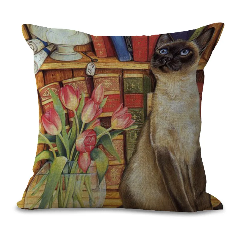 Cat чехол накладка с мультипликационным рисунком для подушек из хлопка и льна