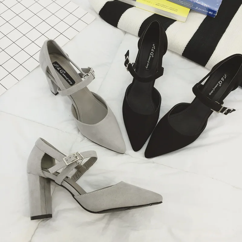 2017 г. Демисезонные босоножки на высоком каблуке тонкие замшевые туфли с острым