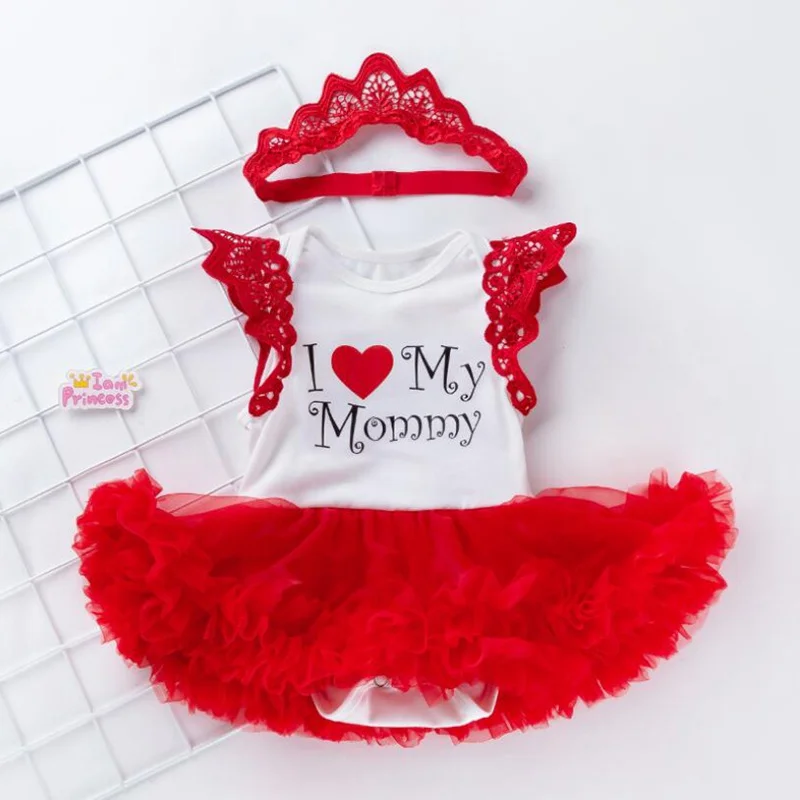 

Love Mommy Happy Mother's Day Toddler Outfits Kid Lace Romper Dress Headband Newborn Tutu Sets Baby Girl Clothes Infant Clothing