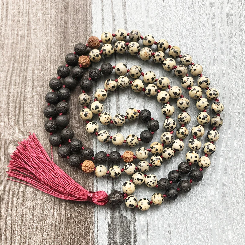 

Lava Stone Rudraksha Mala Beads Neacklace 108 Prayer Beads Mala Jewelry Dalmatian J-asper Knotted Tassel Necklace Yoga Gift