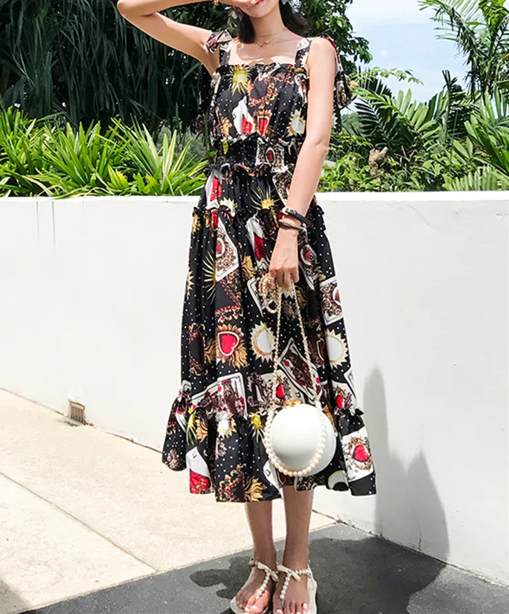 Летнее платье 2019 женское черное с цветочным принтом без рукавов ТРАПЕЦИЕВИДНОЕ