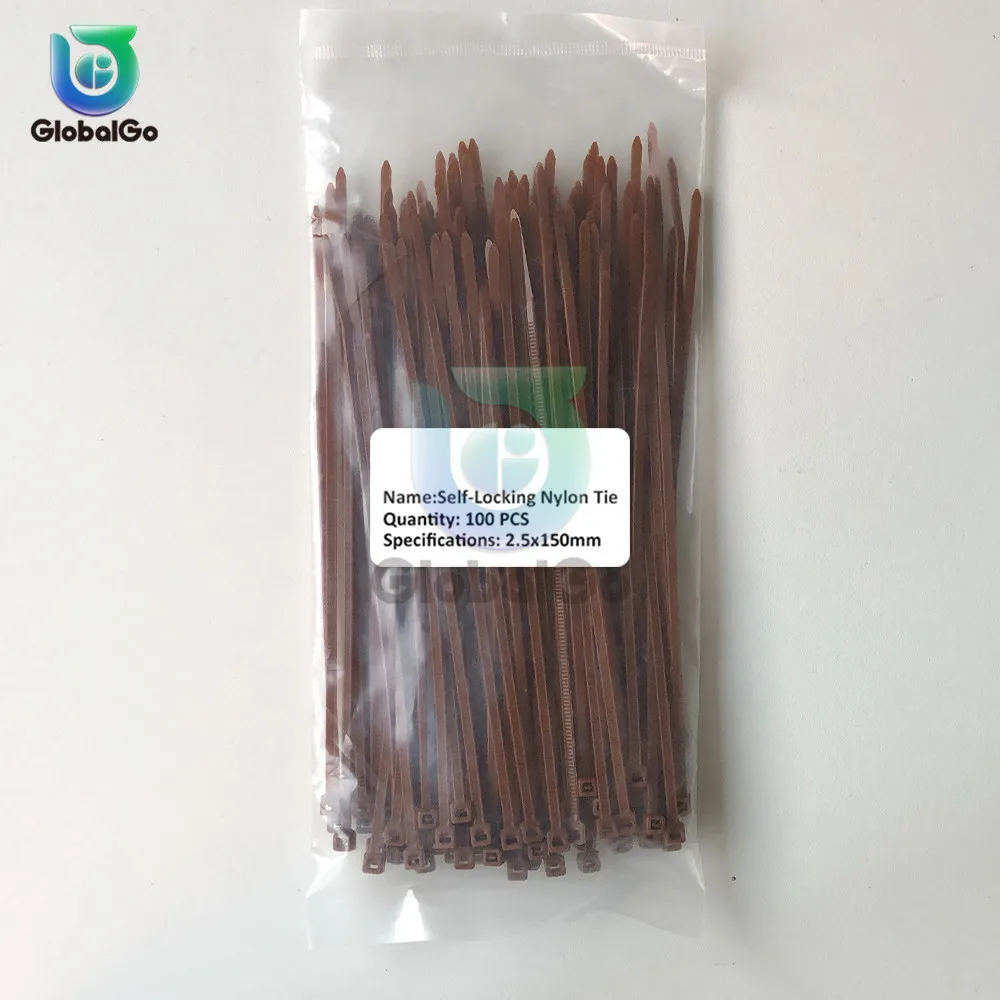 Brown 100 шт/уп самоблокирующийся пластиковый нейлоновый хомут для проводов и кабелей стяжки 100 шт черные стяжки для проводов застегните кабель петли 2,5*150 мм - Цвет: Brown