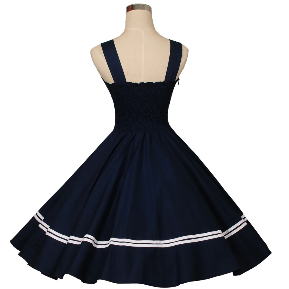 Женское винтажное платье в стиле рокабилли темно синее однотонное Хлопковое с
