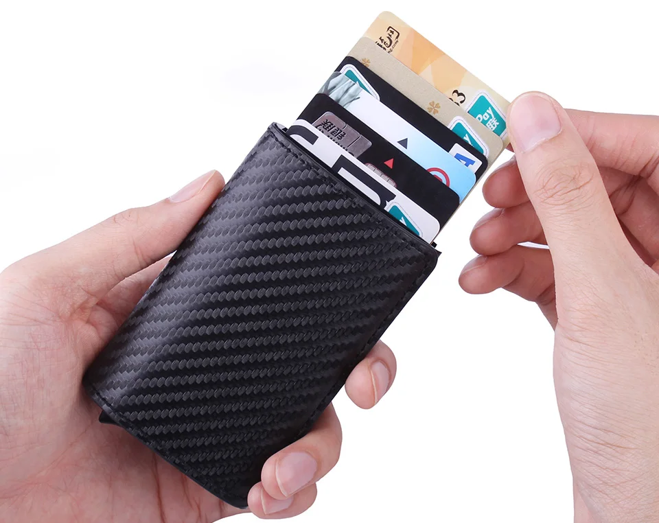 RFID алюминиевый тонкий кожаный мини-кошелек для мужчин и женщин, бизнес автоматический всплывающий ID кредитный держатель для карт