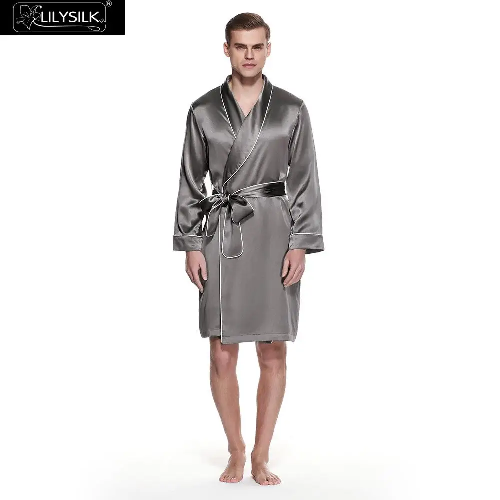 Dark Gray LilySilk халат пижамы для мужчин из чистого шелка Роскошный натуральный великолепный с контрастной окантовкой 22 momme мужская одежда - Цвет: Dark Gray