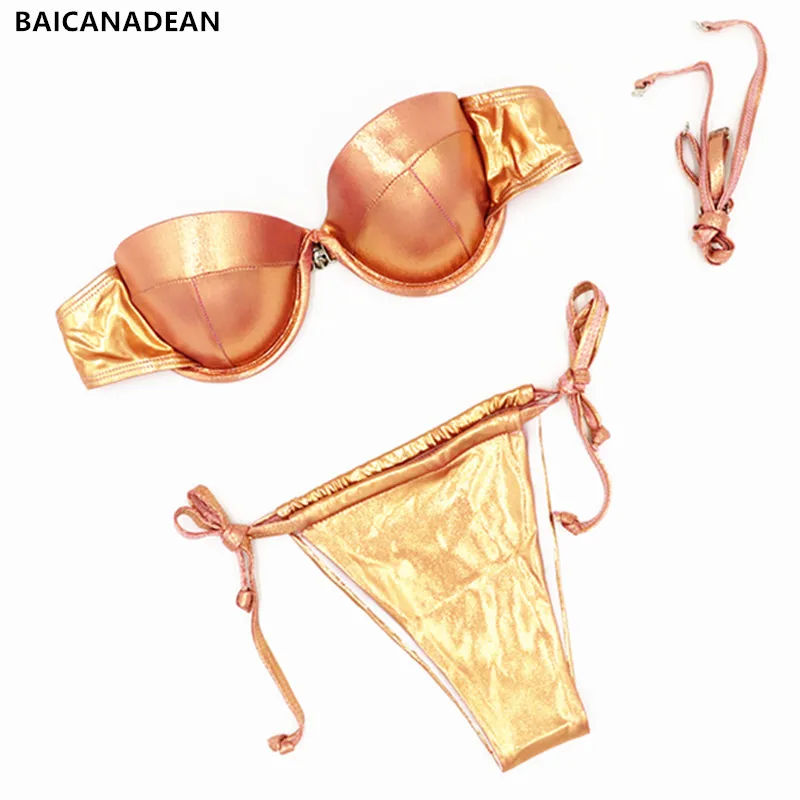 Женский купальник-бикини с пуш-ап розовый купальник бретельками на бретельках