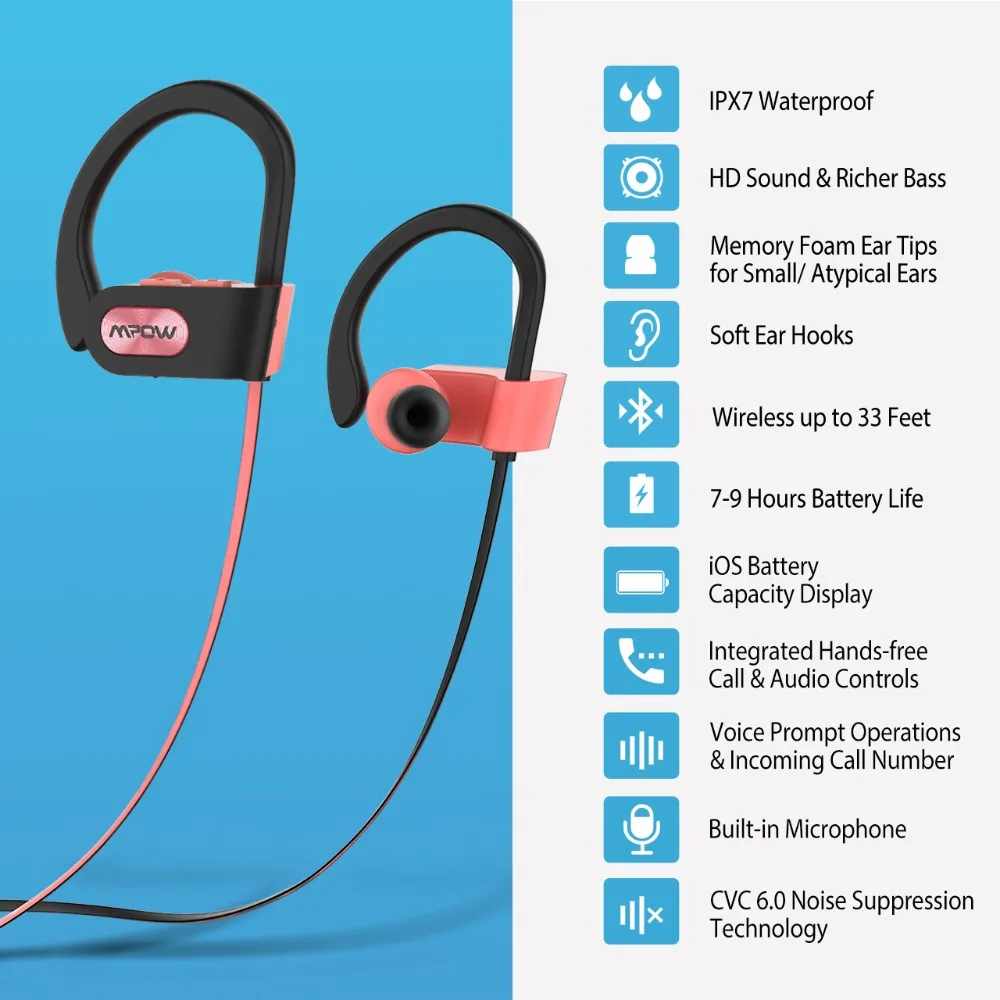 TOP Mpow Bluetooth наушники Водонепроницаемые HiFi стереонаушники Спортивные
