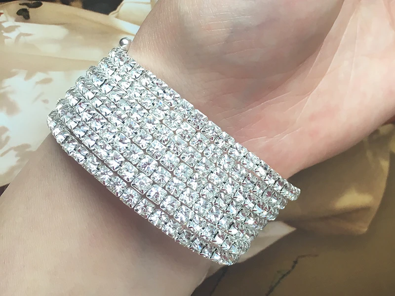 Серебро Браслеты Bling из серебряного сплава прозрачного хрусталя Браслеты 3/5/7 ряд эластичное широкой Браслеты ювелирные изделия лучший подарок для Для женщин