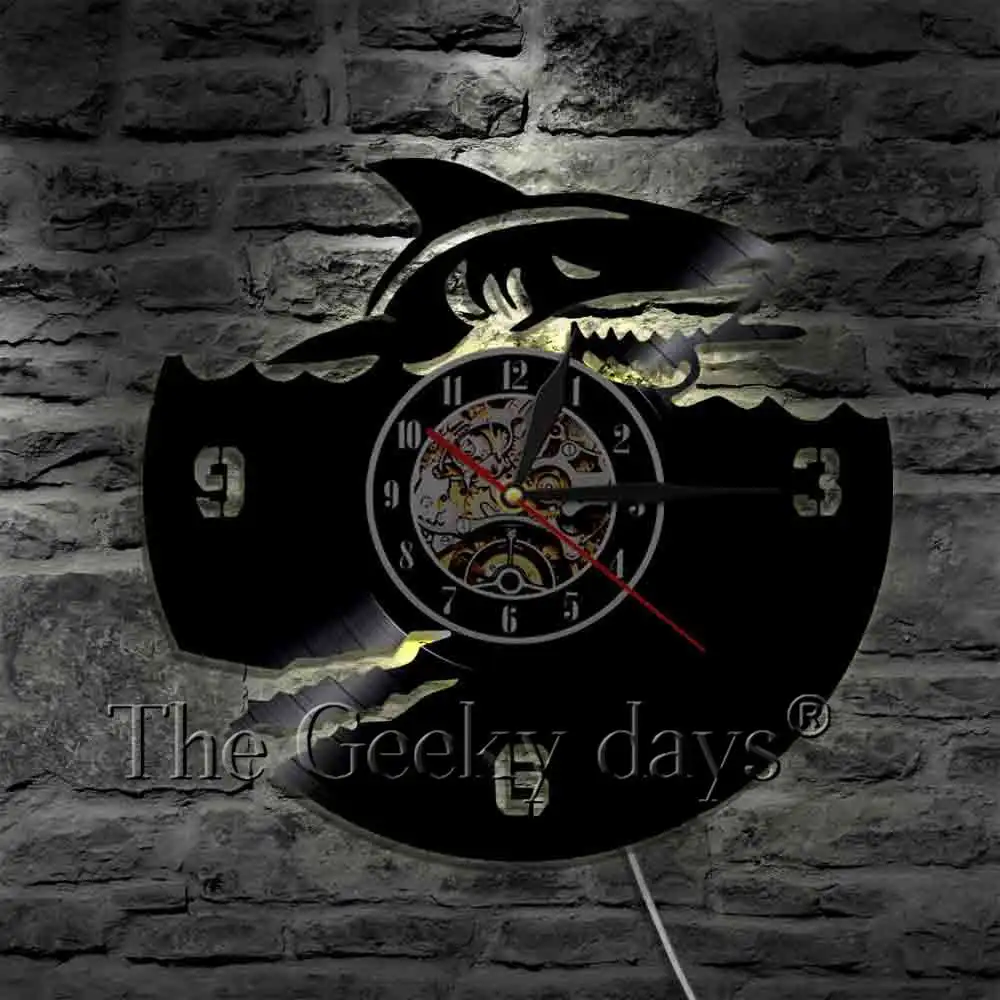 Страшные акулы силуэт тени настенные часы море животное виниловая запись ручной