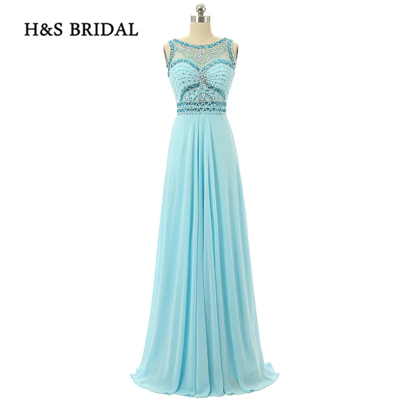 

H&S Bridal Summer Chiffon Rhinestone Beaded Evening Party Dresses High Quality Jewel Neck Girls Prom Evening Gowns
