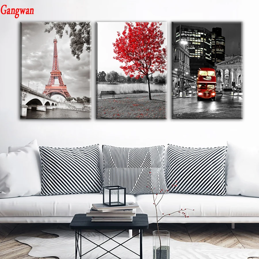 

Home Decor diamond embroidery stitch cross Red Car Bus Red Maple Tree diamond painting rhinestone Paris Tower 3pcs wall decor