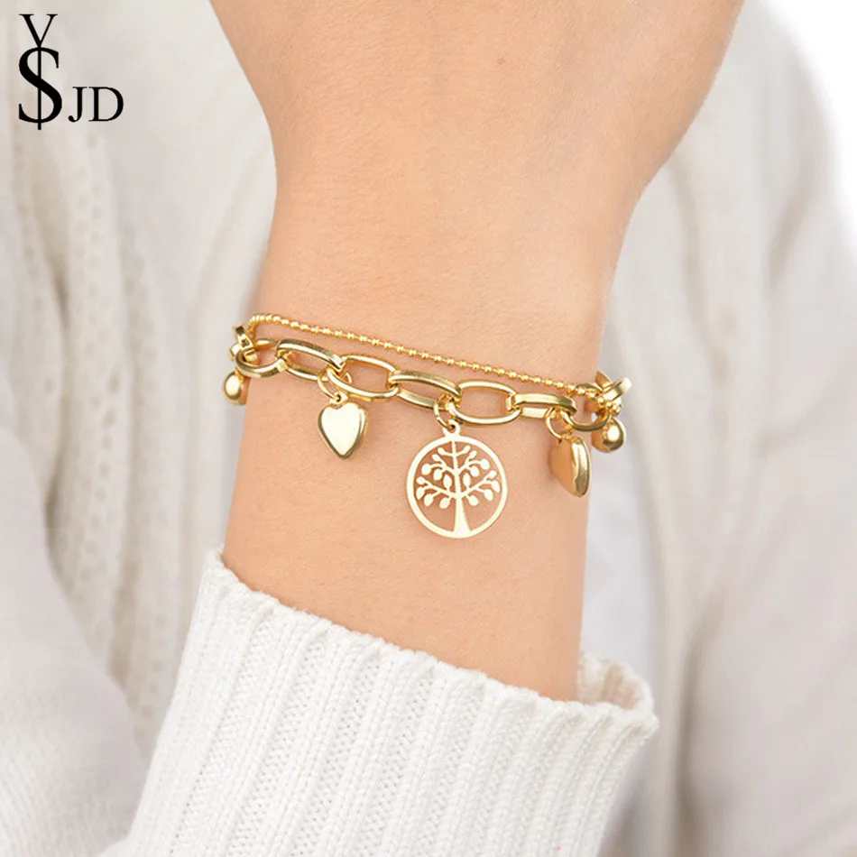 YSJD Древо жизни Нержавеющая сталь браслет для Для женщин золото Цвет Сердце Любви