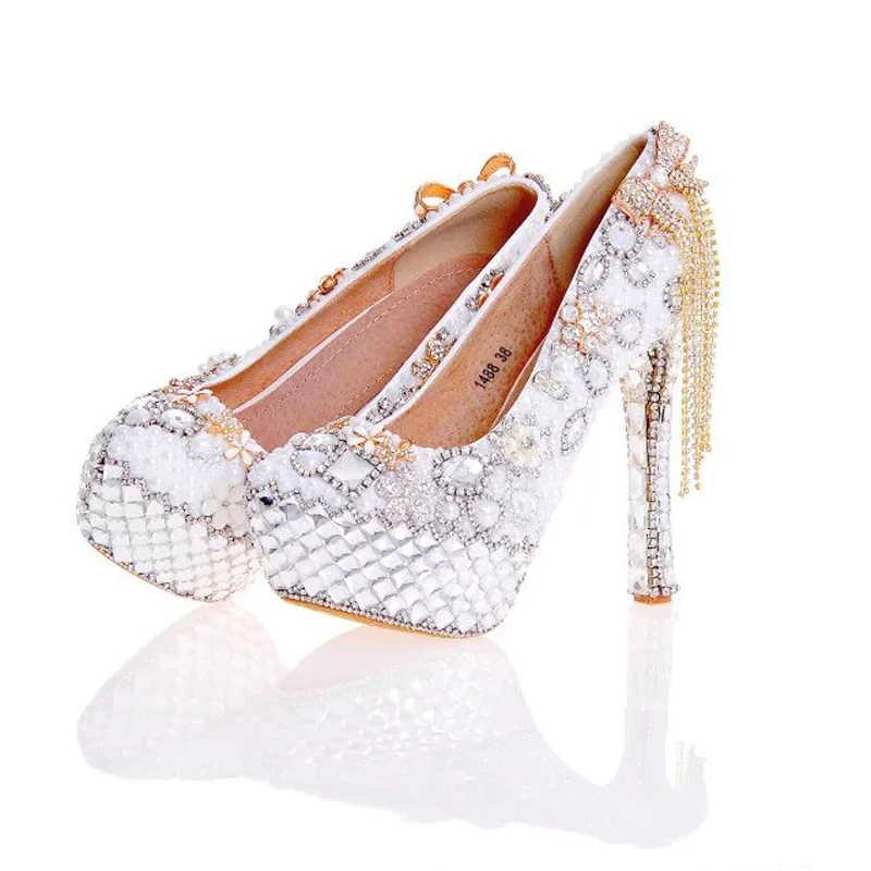 New Arrival Women High Heel Shoes White Pearl and Crystal Wedding Dress with Bow Tassel Rhinestone Prom Party Pumps | Обувь