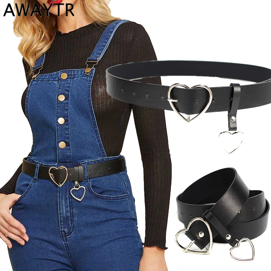 

AWAYTR Fashion Pu Leather Belt For Women Black Waist Belts Women Gold Silver Heart Buckle Luxury Brand Belts Women Jeans Pants